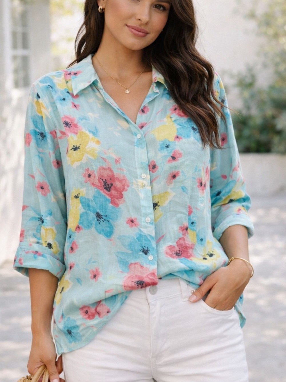 Liz Claiborne Crazy Horse Linen Blend 3/4 Sleeve buttoned Shirt NWT